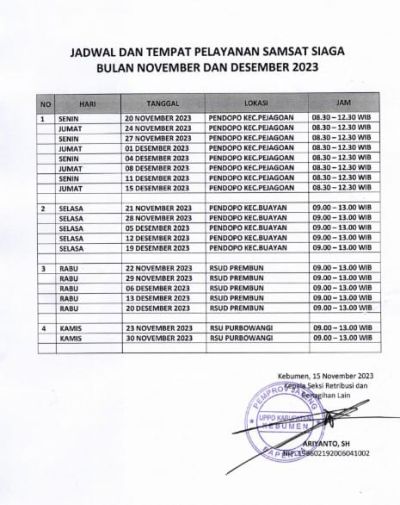 JADWAL SIAGA SAMSAT NOVEMBER-DESEMBER 2023